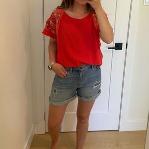 Umgee Orange-Red Embellished Short Sleeve Blouse